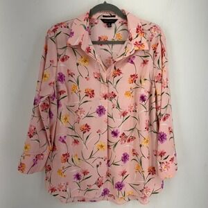 Pink Floral 3/4 Sleeve V-Neck Blouse Top  Cottagecore Medium Feminine Spring
